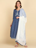 Floral Print Embroidered Nyra Cut Kurta, Pant and Dupatta Set - Blue