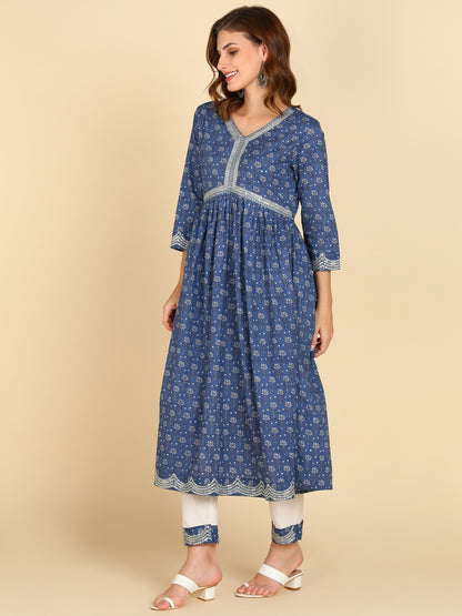 Floral Print Embroidered Nyra Cut Kurta, Pant and Dupatta Set - Blue