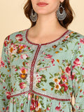 Floral Print Embroidered Nyra Cut Kurta, Pant and Dupatta Set - Green