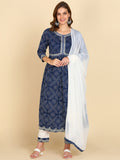 Bandhani Print Embroidered Nyra Cut Kurta, Pant and Dupatta Set - Navy