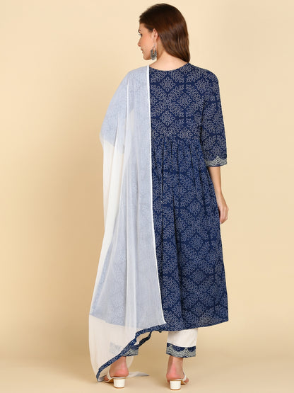 Bandhani Print Embroidered Nyra Cut Kurta, Pant and Dupatta Set - Navy