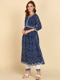 Bandhani Print Embroidered Nyra Cut Kurta, Pant and Dupatta Set - Navy