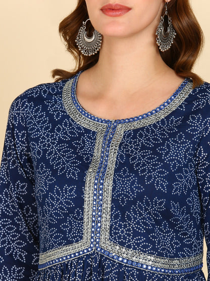 Bandhani Print Embroidered Nyra Cut Kurta, Pant and Dupatta Set - Navy