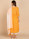 Bandhani Print Embroidered Nyra Cut Kurta, Pant and Dupatta Set - Yellow