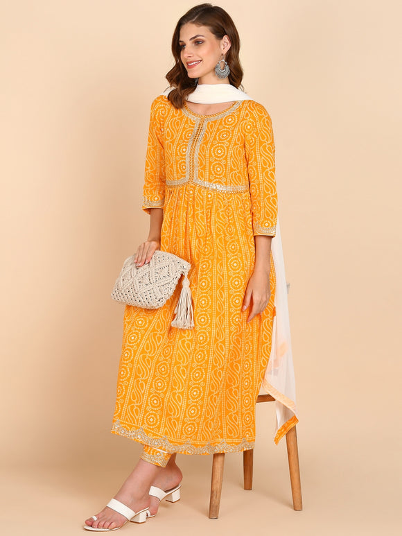 Bandhani Print Embroidered Nyra Cut Kurta, Pant and Dupatta Set - Yellow