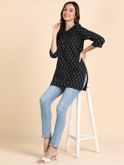 Pure Cotton Ikkat Printed Top - Black