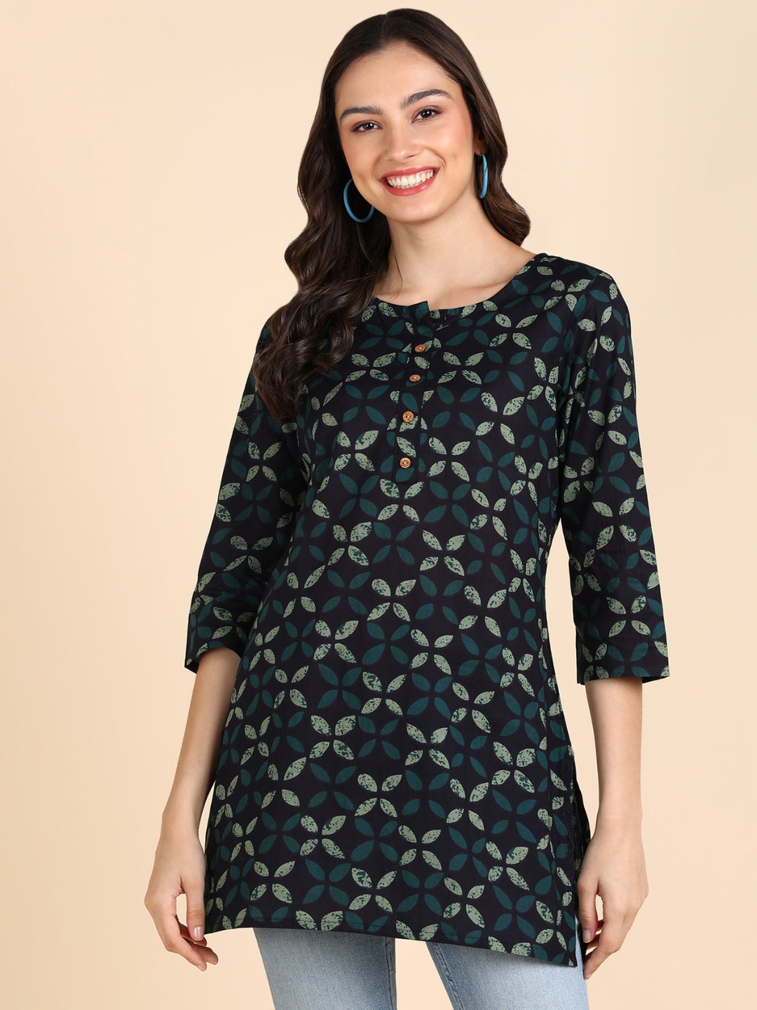 Pure Cotton Printed Top - Dark Blue