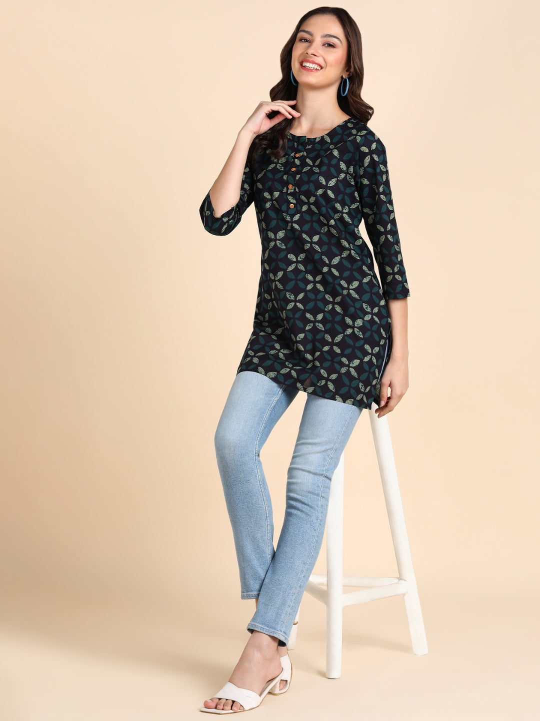 Pure Cotton Printed Top - Dark Blue