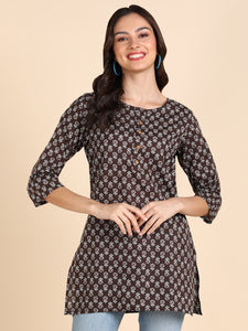 Pure Cotton Floral Printed Top - Brown