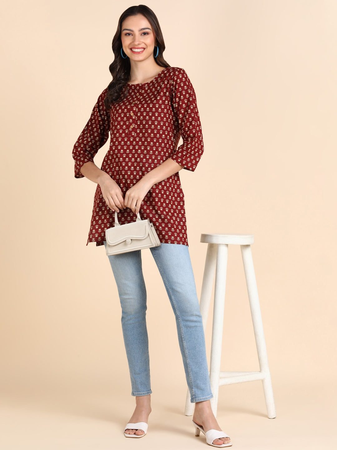 Pure Cotton Floral Printed Top - Maroon