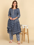 Pure Cotton Ethnic Printed Kurta, Pant, Dupatta Set - Grey