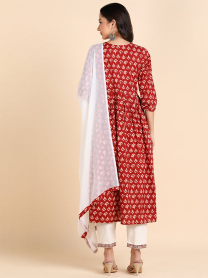 Floral Print Embroidered Nyra Cut Kurta, Pant and Dupatta Set - Red