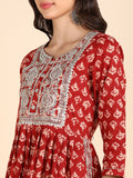 Floral Print Embroidered Nyra Cut Kurta, Pant and Dupatta Set - Red