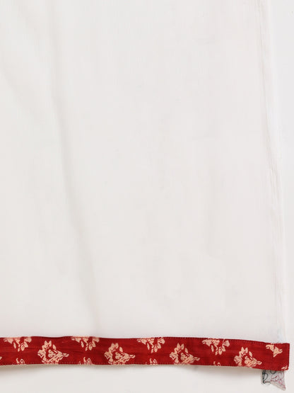 Floral Print Embroidered Nyra Cut Kurta, Pant and Dupatta Set - Red