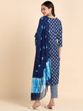 Classic Print Hand Embroidered Kurta, Pant, Dupatta Set - Indigo