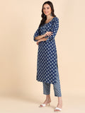Classic Print Hand Embroidered Kurta, Pant, Dupatta Set - Indigo