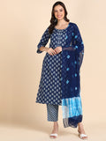 Classic Print Hand Embroidered Kurta, Pant, Dupatta Set - Indigo