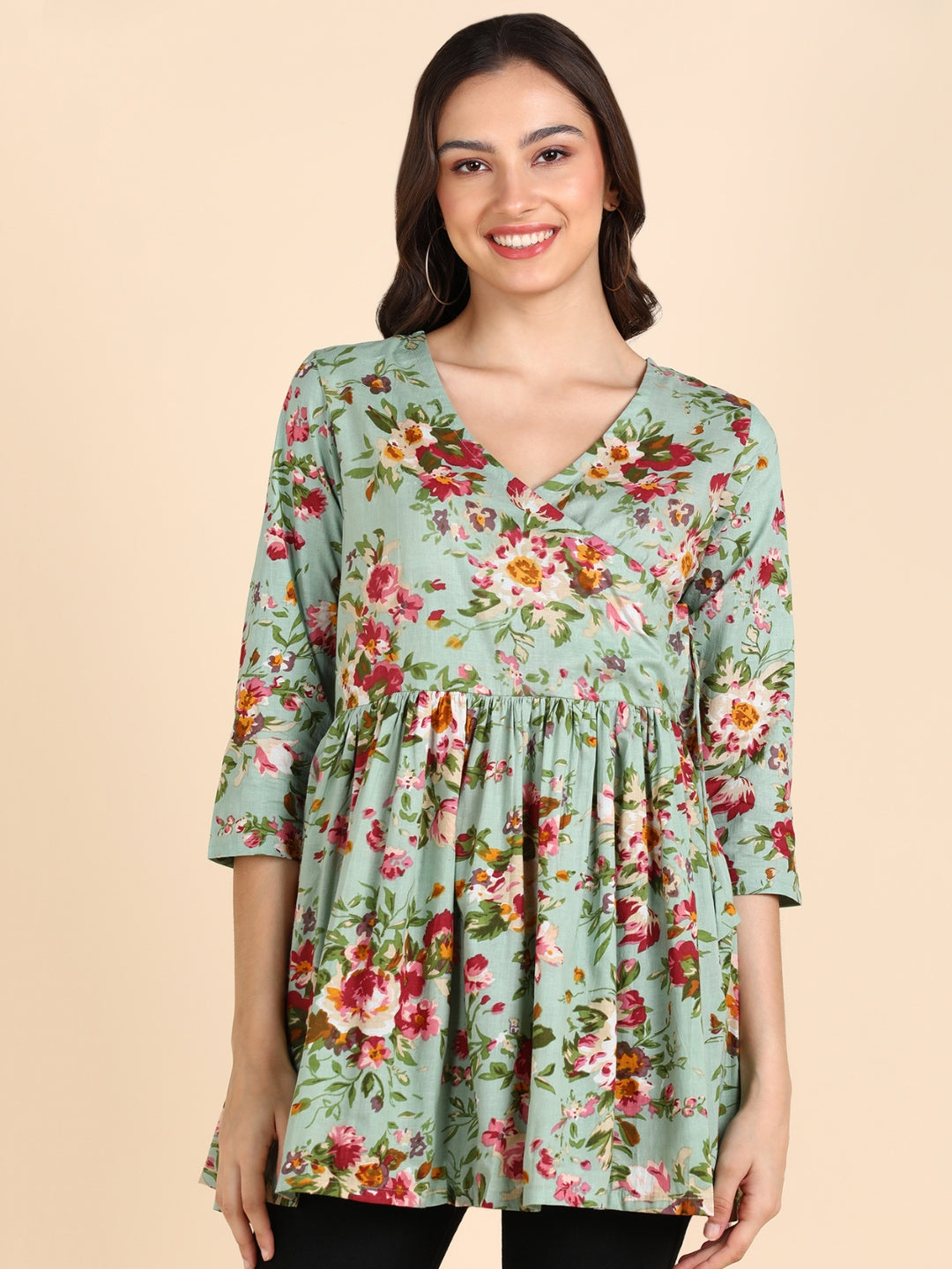 Pure Cotton Floral Printed Peplum Top - Green