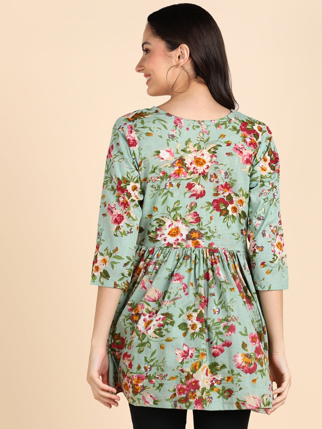 Pure Cotton Floral Printed Peplum Top - Green
