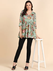 Pure Cotton Floral Printed Peplum Top - Green