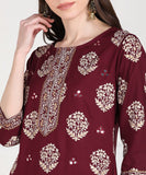 Rayon Floral Print Aari Embroidered Kurta and Skirt Set (Maroon)