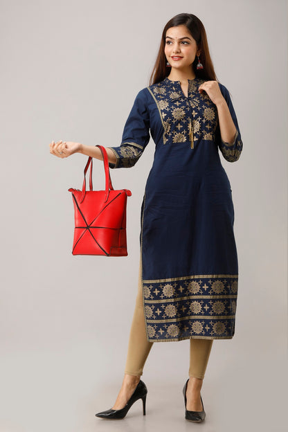 Cotton Ethnic Print Straight Kurti (Blue)