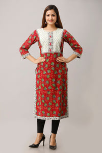 Cotton Floral Print Straight Kurta (Red)