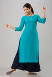 Rayon Straight Mirror Embroidered Kurti (Turqouise)