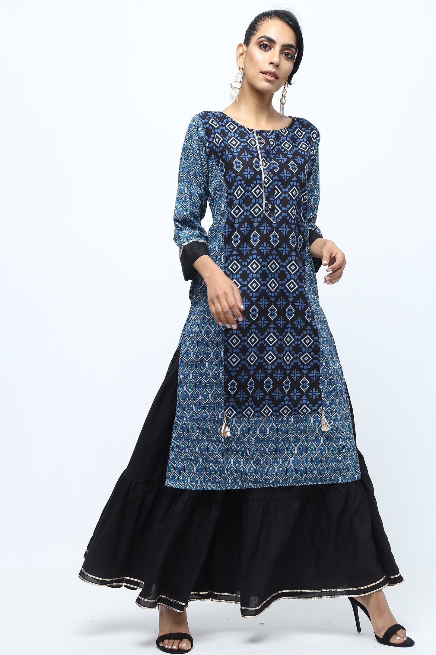 Vedana Cotton Print Kurta with Sharara Set (Blue)