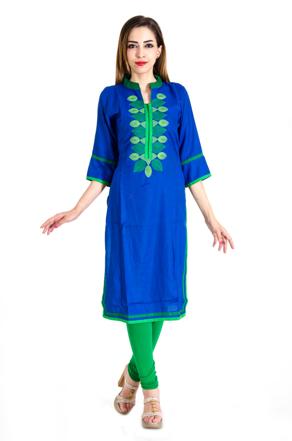 Rayon Thread Embroidered Straight Kurti (Blue)