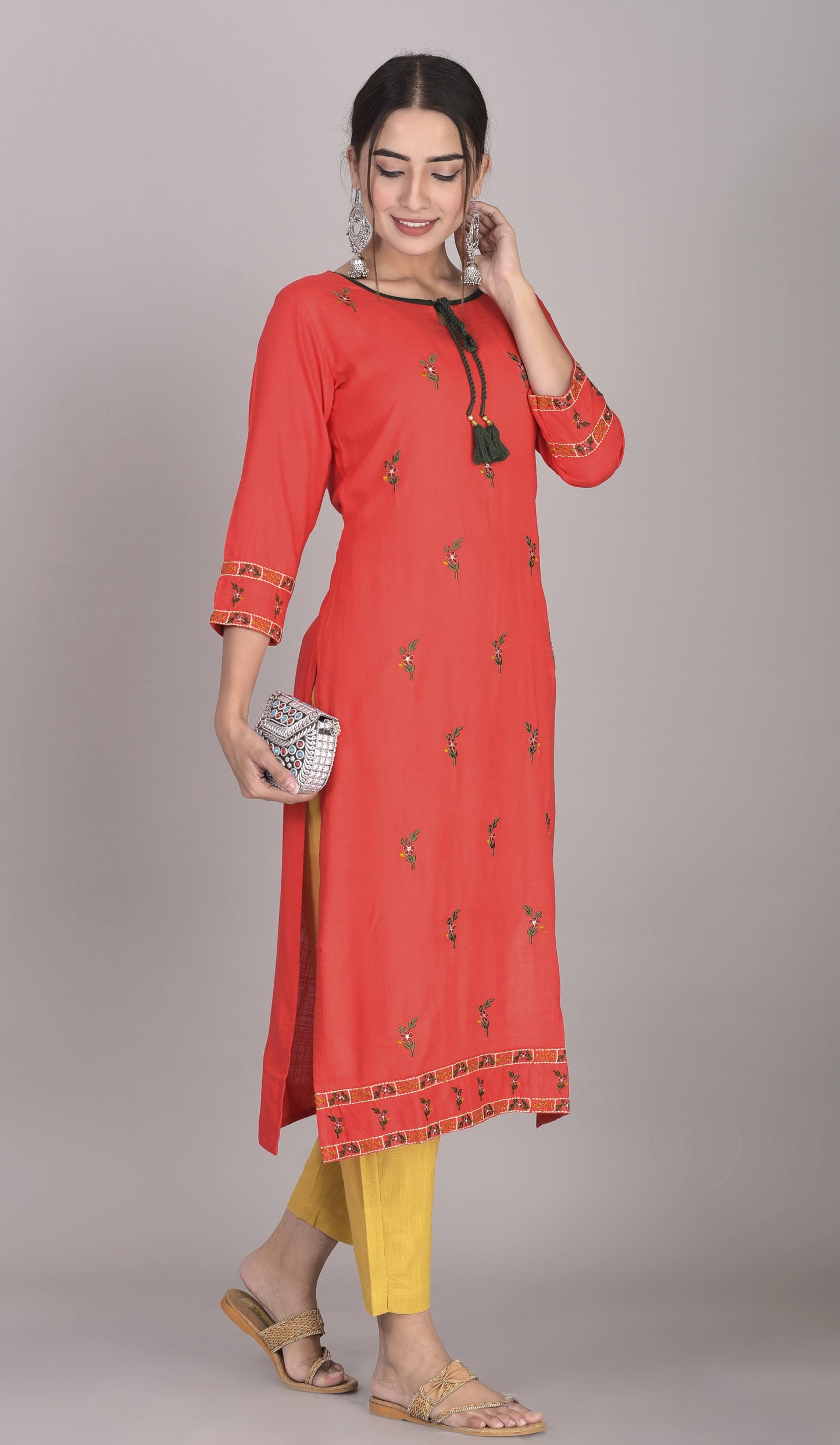 Rayon Floral Thread Embroidered Straight Kurti with Tassels Red