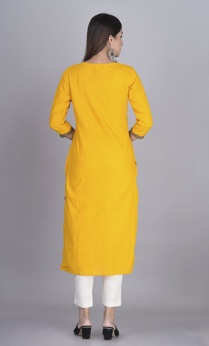 Thread Embroidered Yoke Straight Kurti Mustard