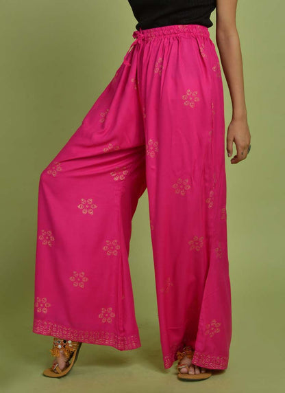 Rayon Hand-blocked Pink Flared Palazzo