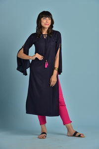 Vedana Rayon Straight Long Slit Sleeves Kurti (Navy Blue)