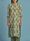 Cotton Floral Print Kurta Set (Green)