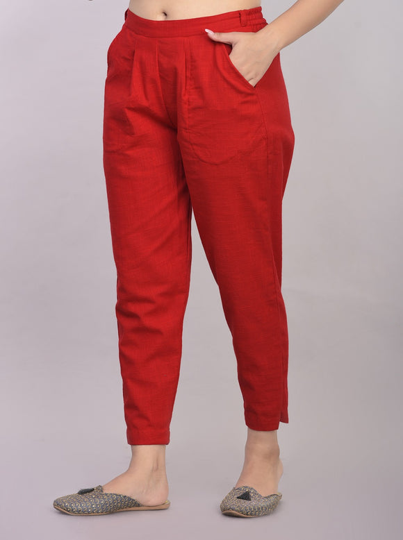 Premium Cotton Slub Crop Pants - Red