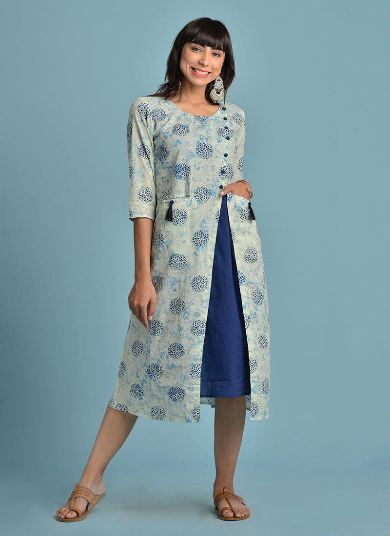 Vedana Cream Printed Layered Kurti with front pockets (Blue)