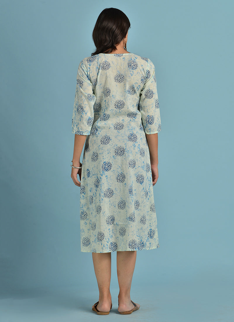 Vedana Cream Printed Layered Kurti with front pockets (Blue)
