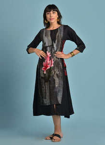 Vedana Rayon Floral Panel Print Layered Kurti with Side dori (Black)