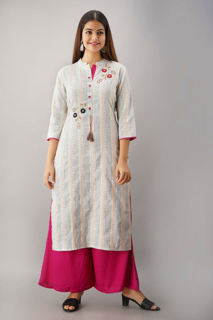 Cotton Self Woven Embroidered Straight Kurti