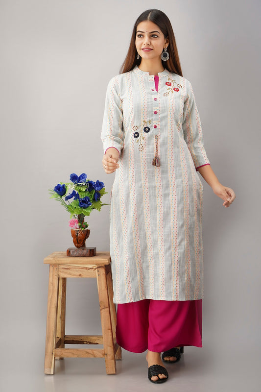 Cotton Self Woven Embroidered Straight Kurti