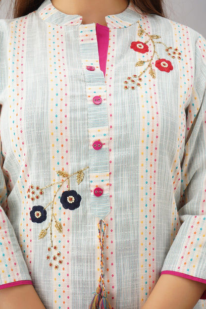 Cotton Self Woven Embroidered Straight Kurti