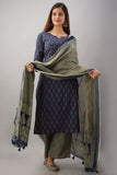 Cotton Floral and Bandhani Print Kurti, Palazzo & Dupatta Set (Blue)