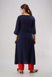 Rayon Solid Hand Embroidered A-line Kurti (Navy Blue)