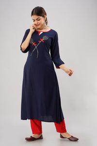 Rayon Solid Hand Embroidered A-line Kurti (Navy Blue)