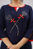 Rayon Solid Hand Embroidered A-line Kurti (Navy Blue)