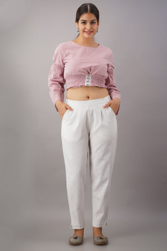 Premium Cotton Slub Crop Pants - White