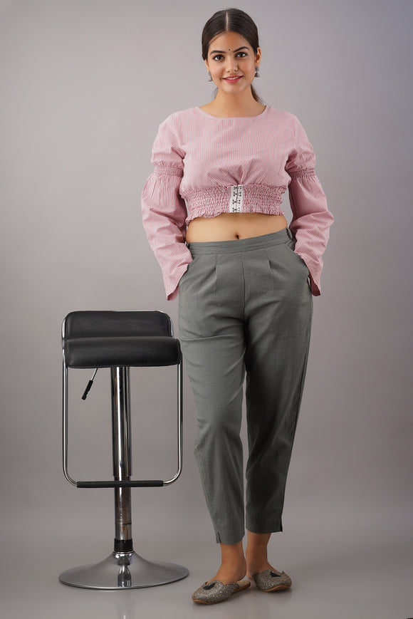 Premium Cotton Slub Crop Pants - Grey