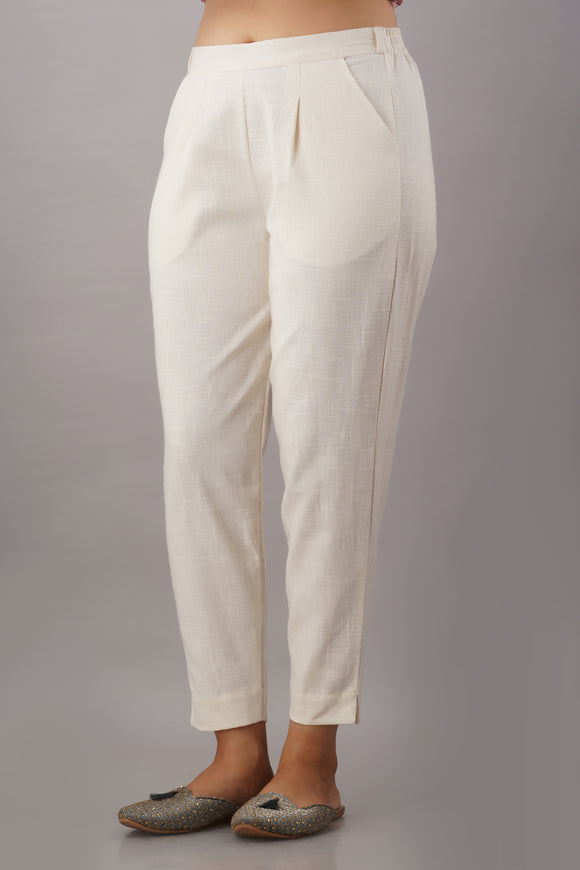 Premium Cotton Slub Crop Pants - Off-White