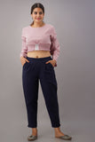 Premium Cotton Slub Crop Pants - Navy Blue